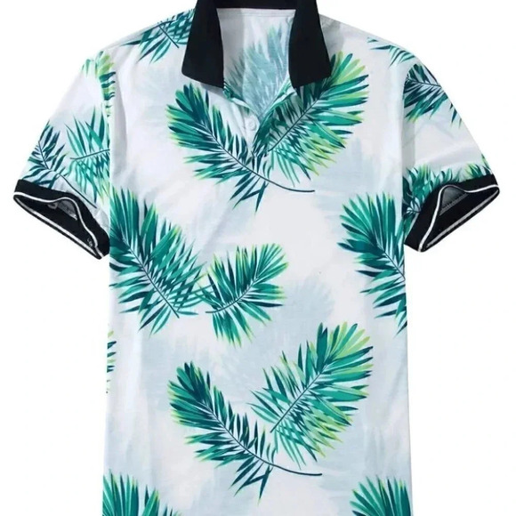 White Vacation Style Men's Tropical Print Polo Shirt - Picture 1 of 5